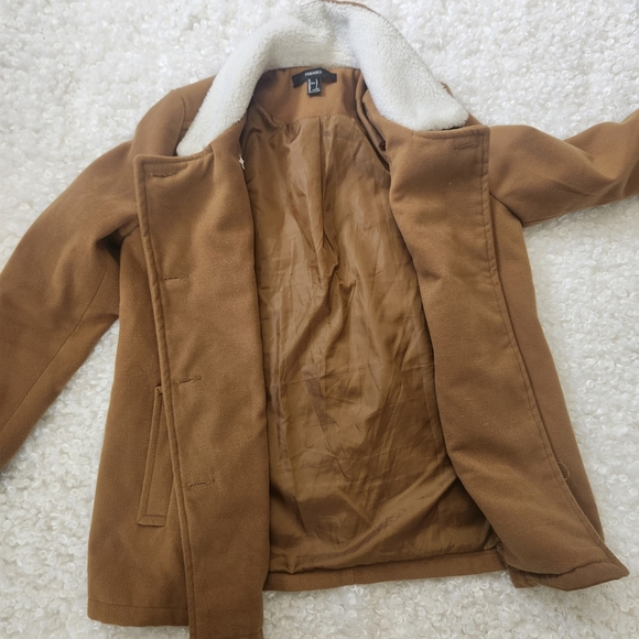 Forever 21 Tan Faux Fur Collar Brown Peacoat L Double Breasted Y2K Fall Winter - Picture 15 of 15
